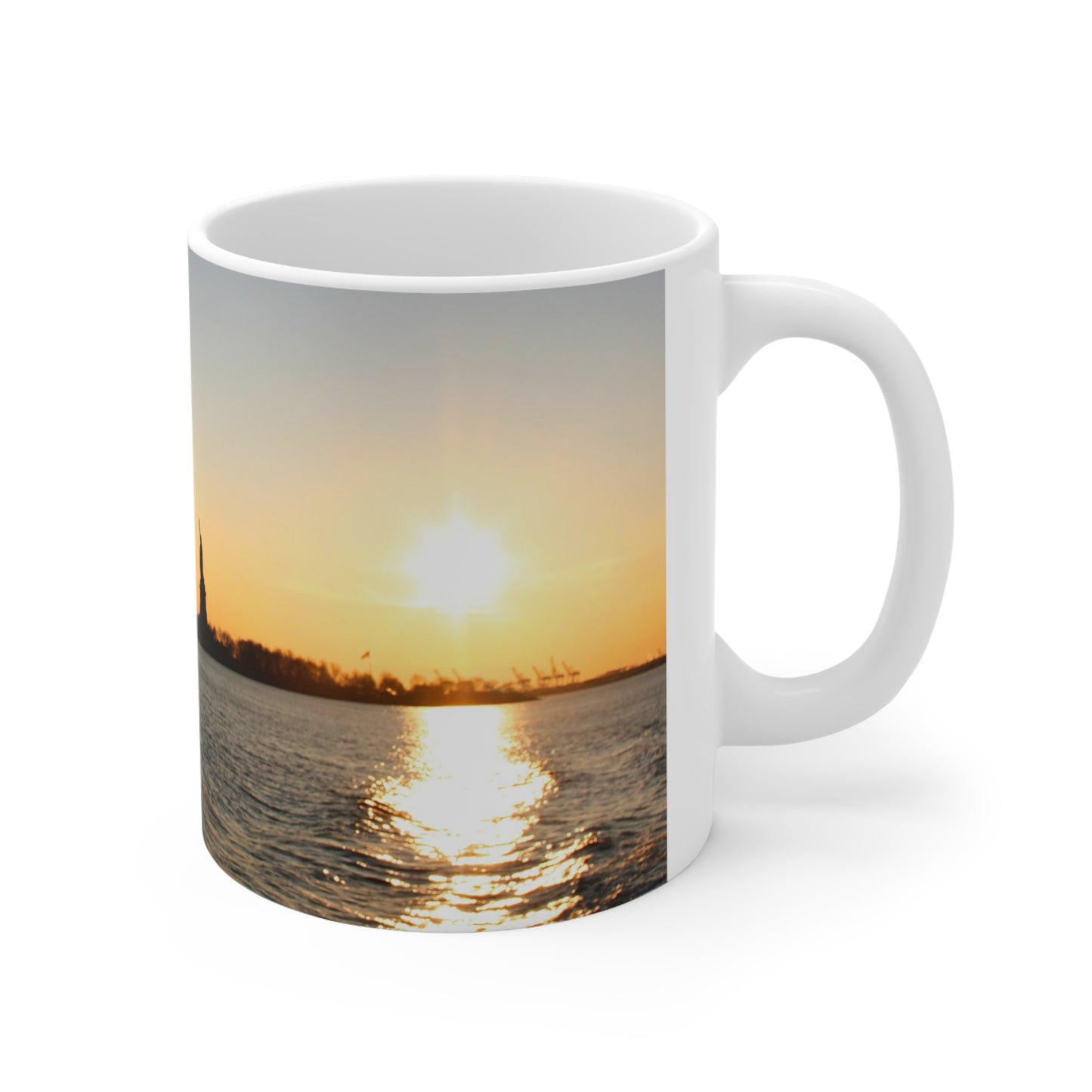 USA Flag with Statue of Liberty at Sunset - Ceramic Mug 11oz