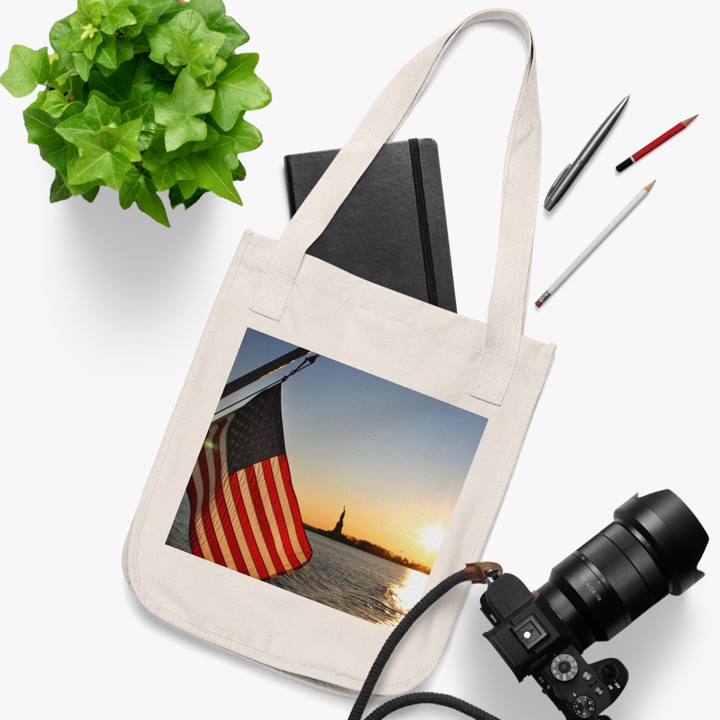 USA Flag with Statue of Liberty at Sunset - Organic Canvas Tote Bag