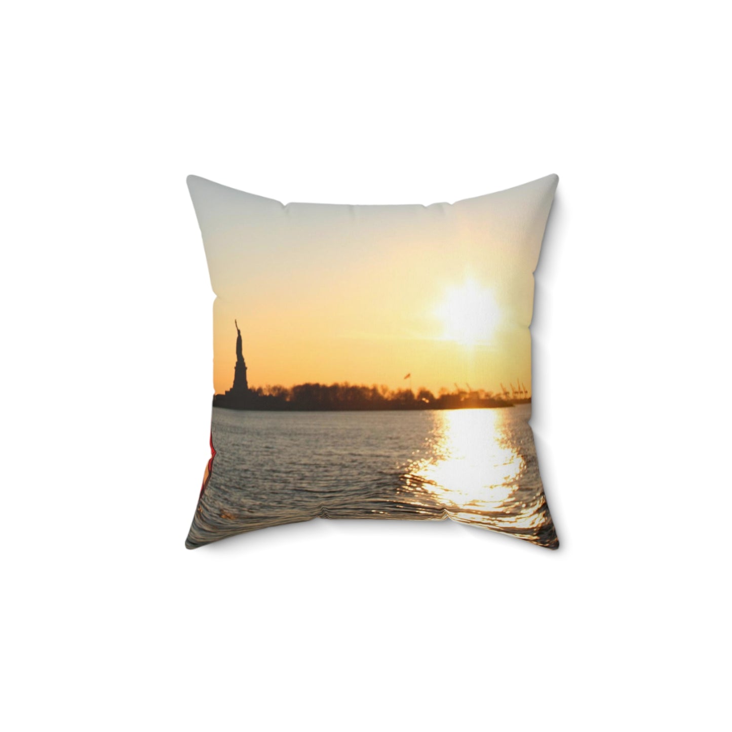 USA Flag with Statue of Liberty at Sunset - Spun Polyester Square Pillow