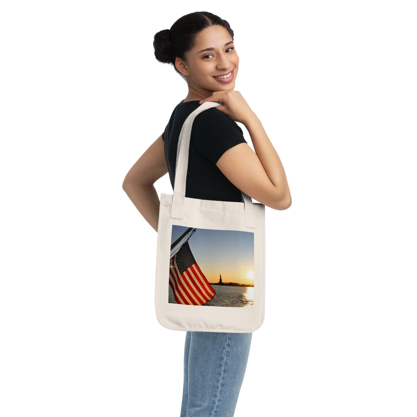 USA Flag with Statue of Liberty at Sunset - Organic Canvas Tote Bag
