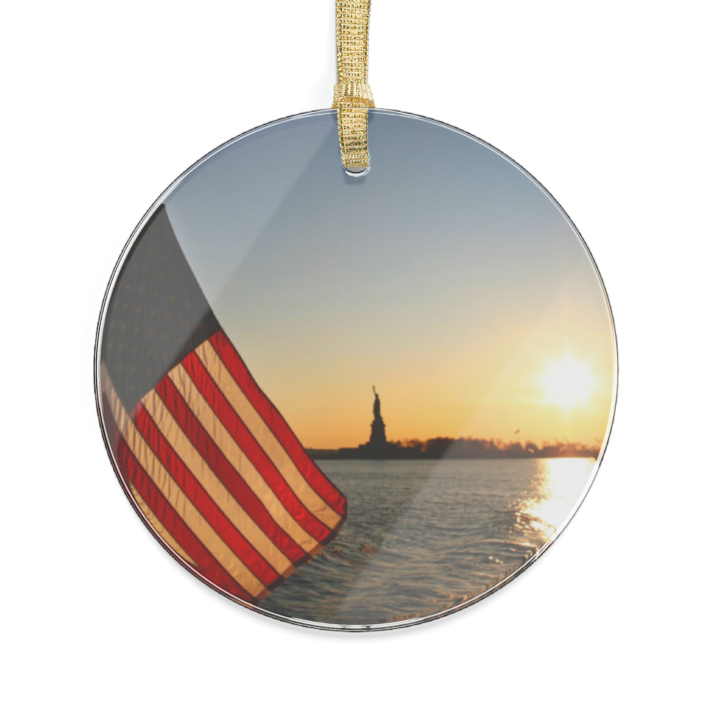 USA Flag with Statue of Liberty at Sunset - Acrylic Ornaments