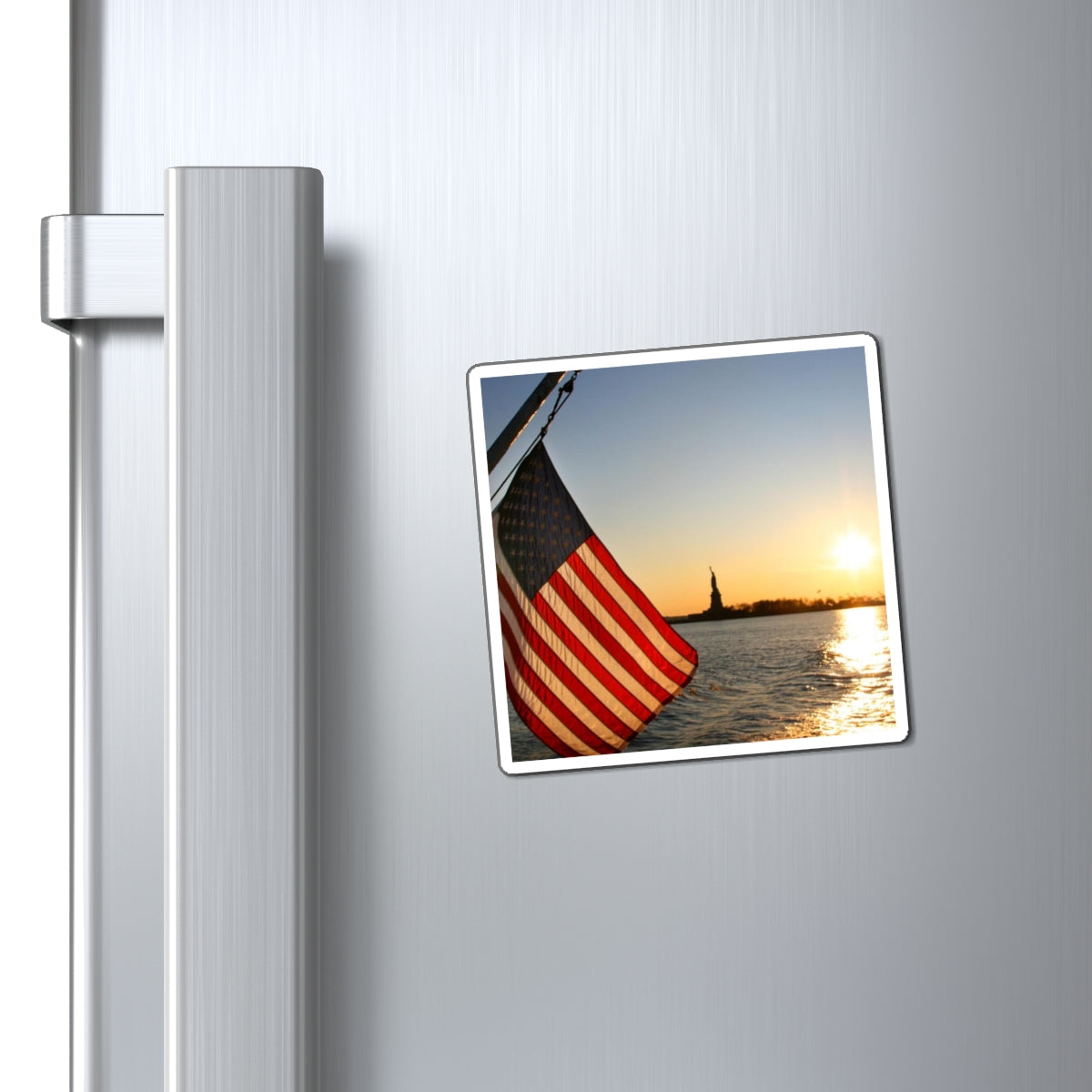 USA Flag with Statue of Liberty at Sunset - Magnets