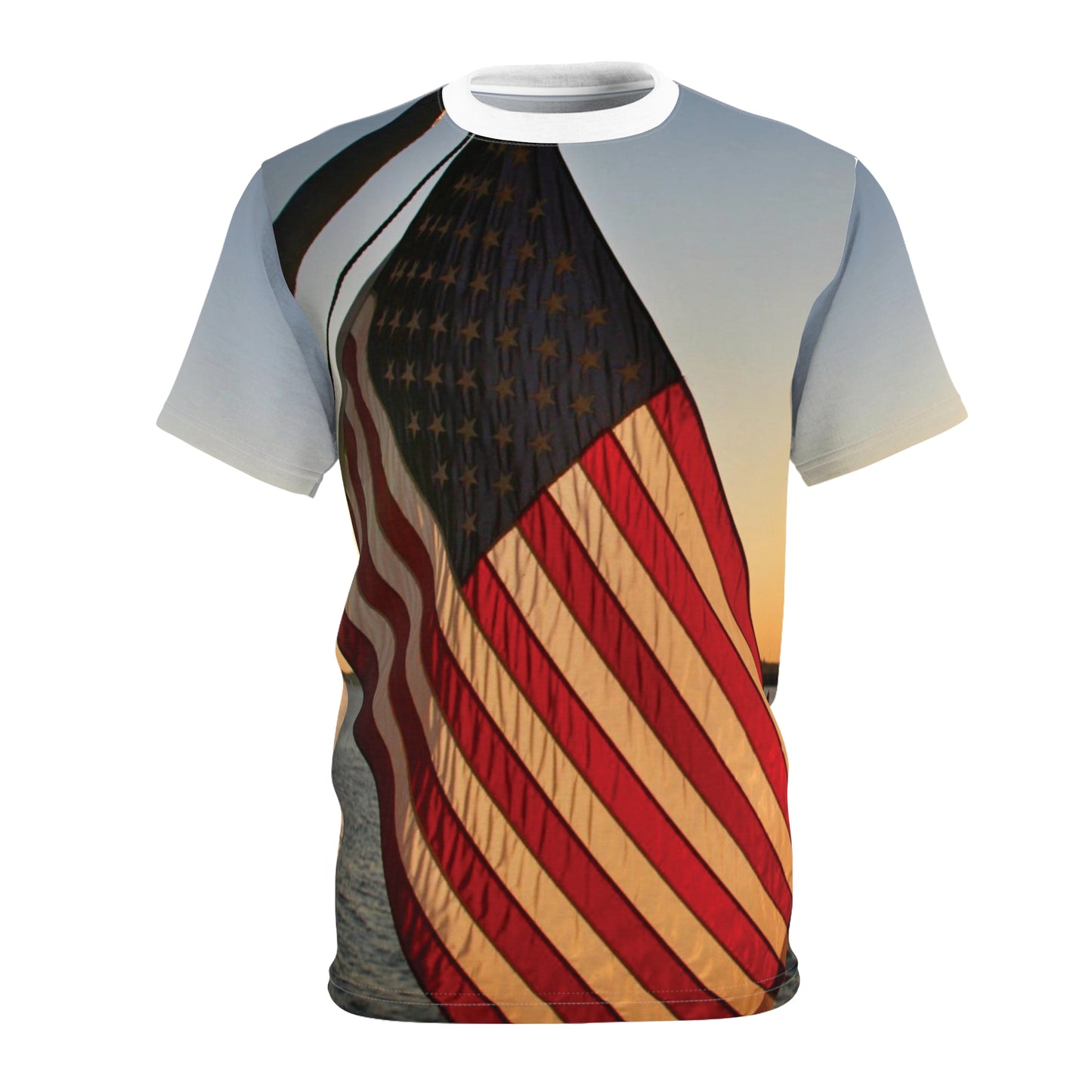 USA Flag with Statue of Liberty at Sunset - Unisex Cut & Sew Tee (AOP)