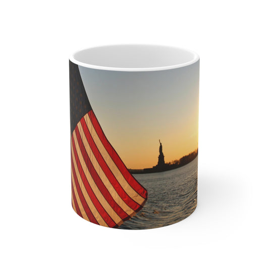 USA Flag with Statue of Liberty at Sunset - Ceramic Mug 11oz