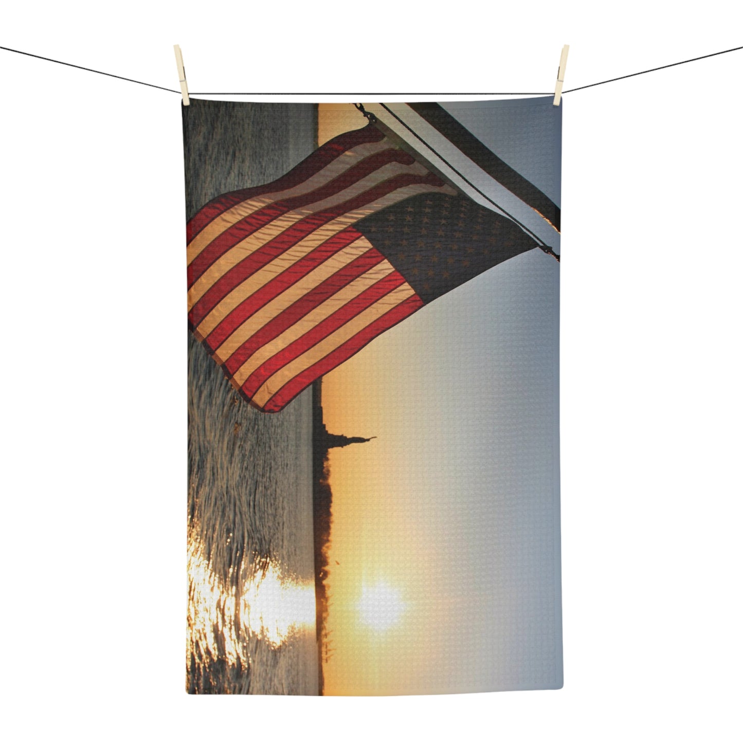 USA Flag with Statue of Liberty at Sunset - Soft Tea Towel