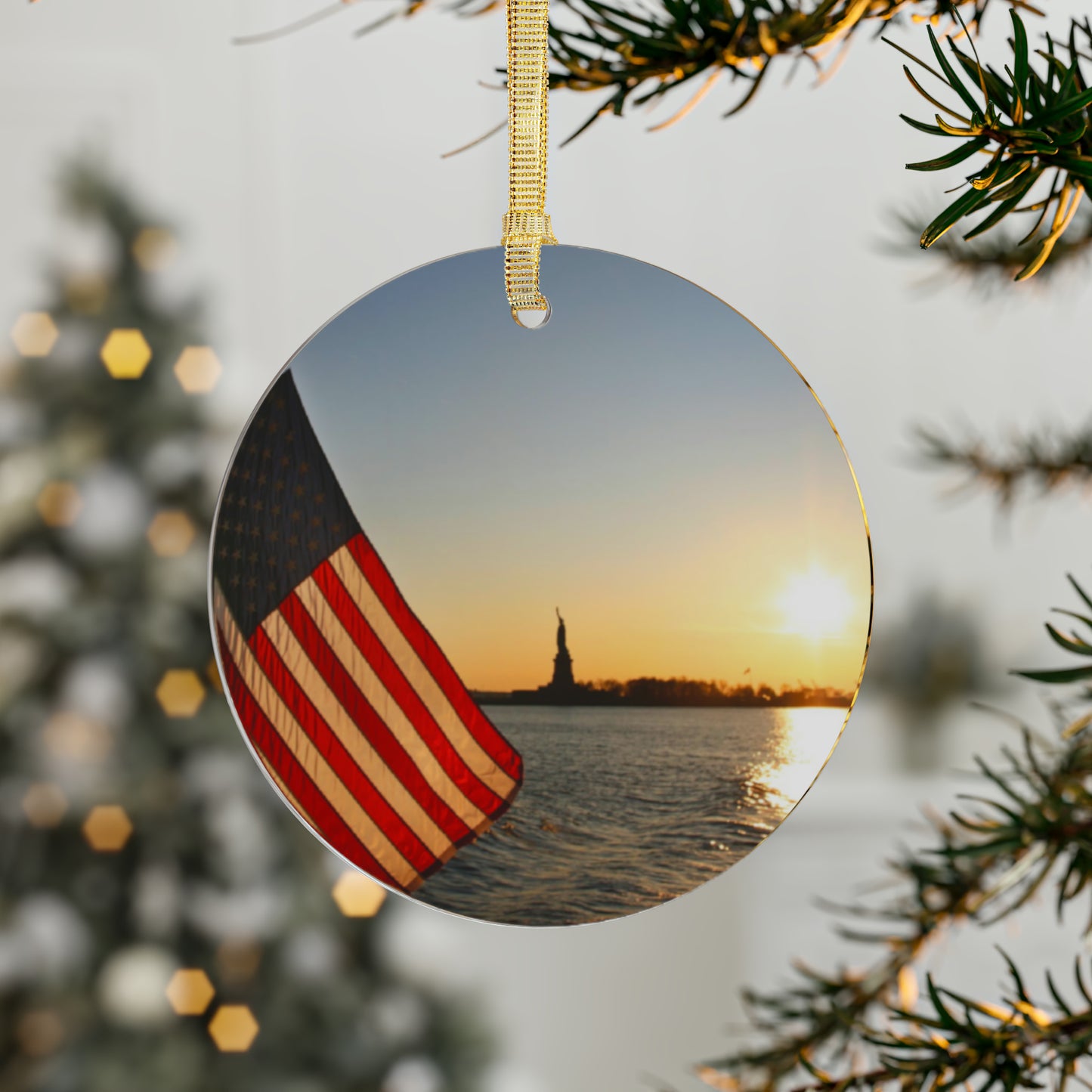 USA Flag with Statue of Liberty at Sunset - Acrylic Ornaments